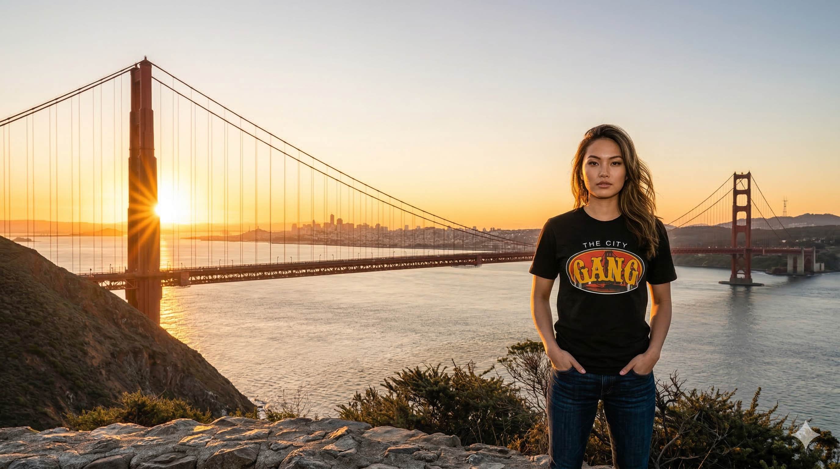 Woman wearing Henny & Lumpia The City Gang tee in front of the Golden Gate Bridge at sunset